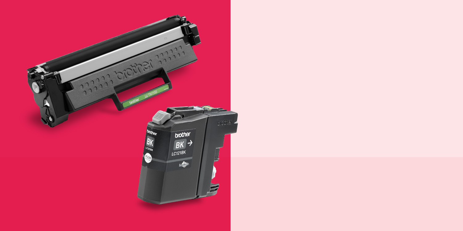Brother black toner cartridge and ink cartridge on a red and light pink background.