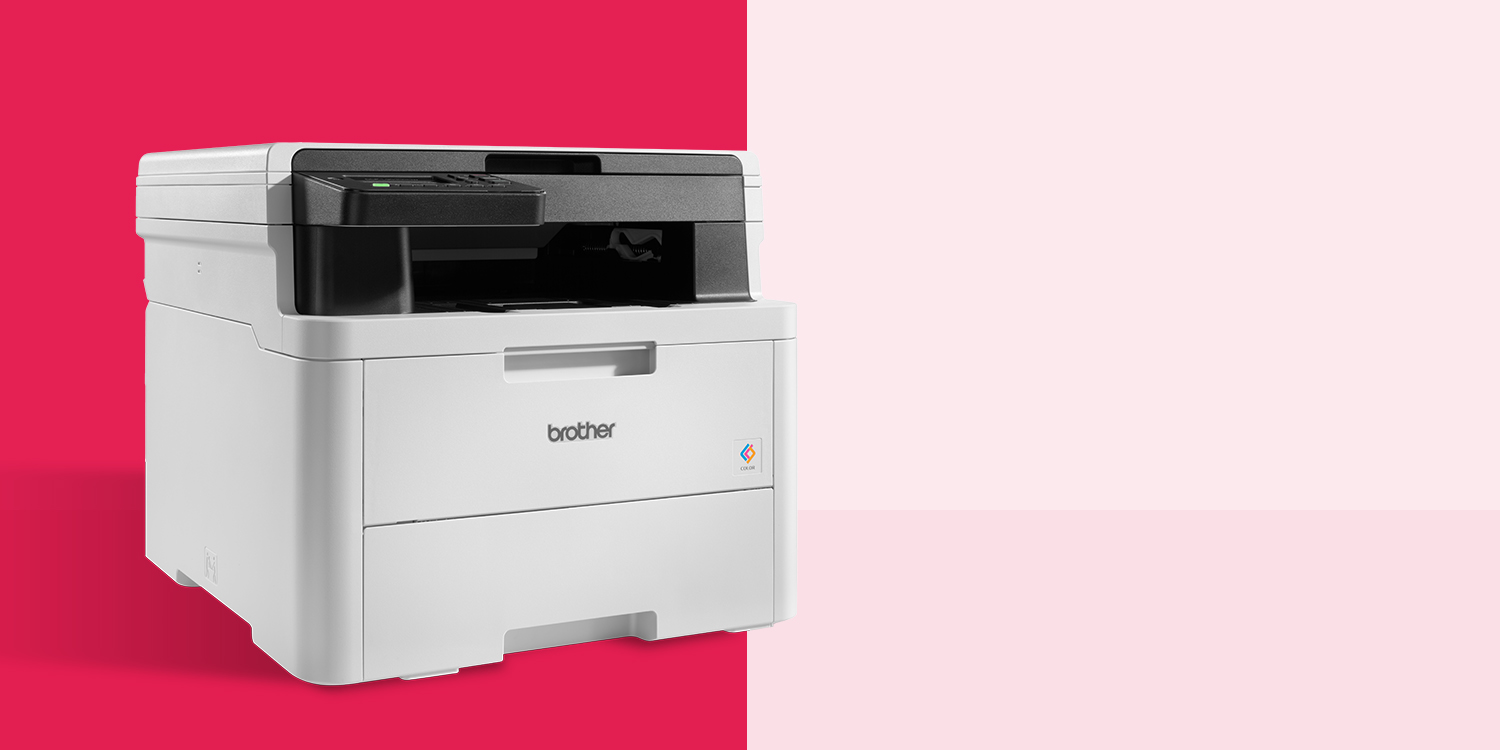 Brother color laser multifunction printer on a pink and red background