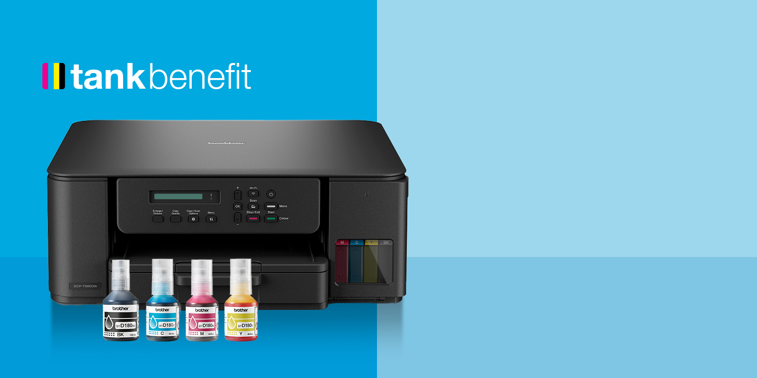 Brother tank printer with four ink bottles and 'tank benefit' text.