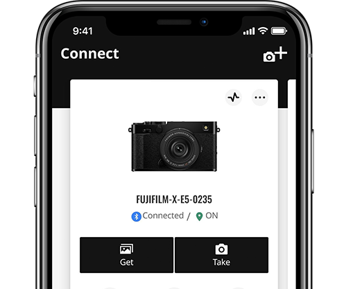 Smartphone screen showing Fujifilm camera connected in an app