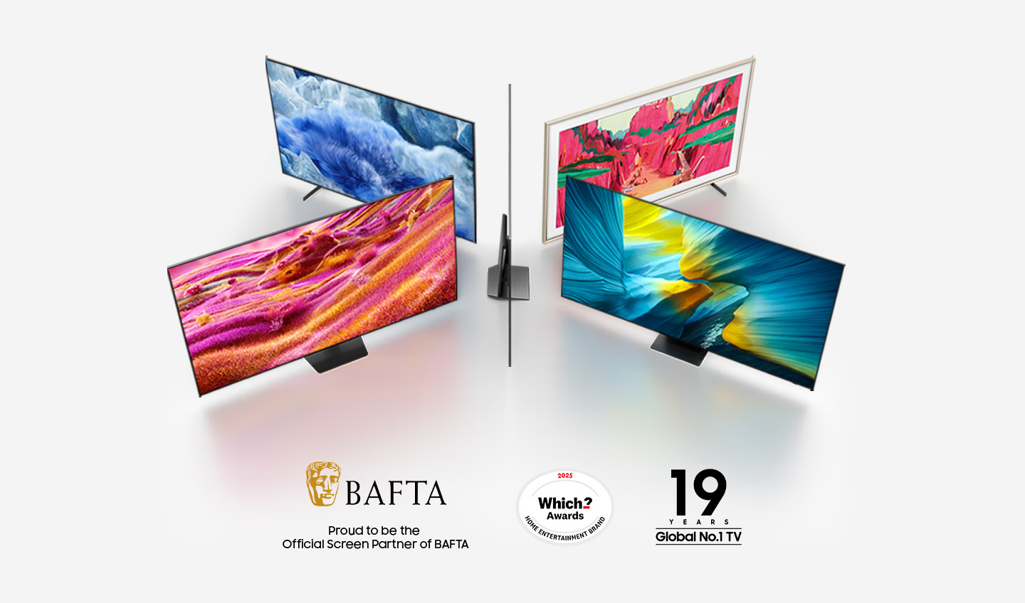 Four TVs displaying abstract art with BAFTA and Which? Awards badges