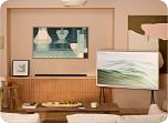 Two TVs showing abstract art in living room