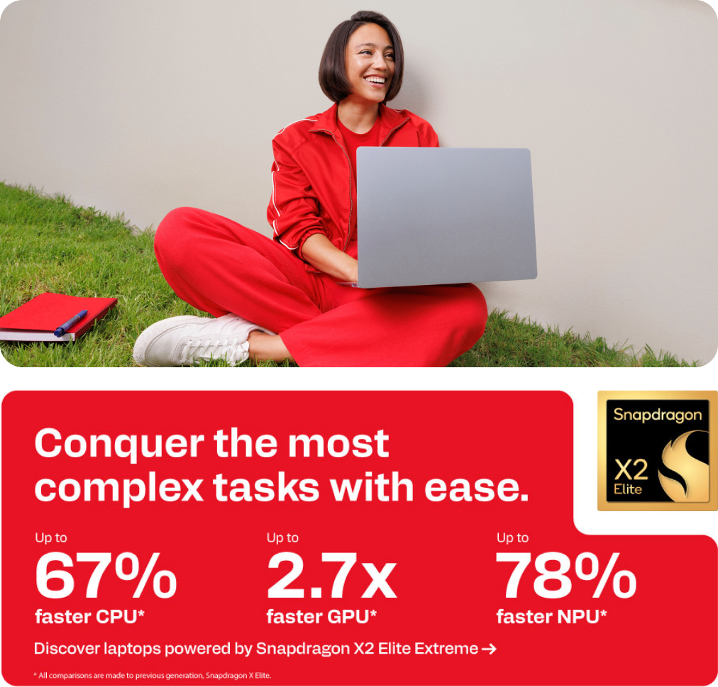 Snapdragon X2 Elite - Conquer the most complex tasks with ease - Up to 67% faster CPU. Up to 2.7x faster GPU. Up to 78% faster NPU.