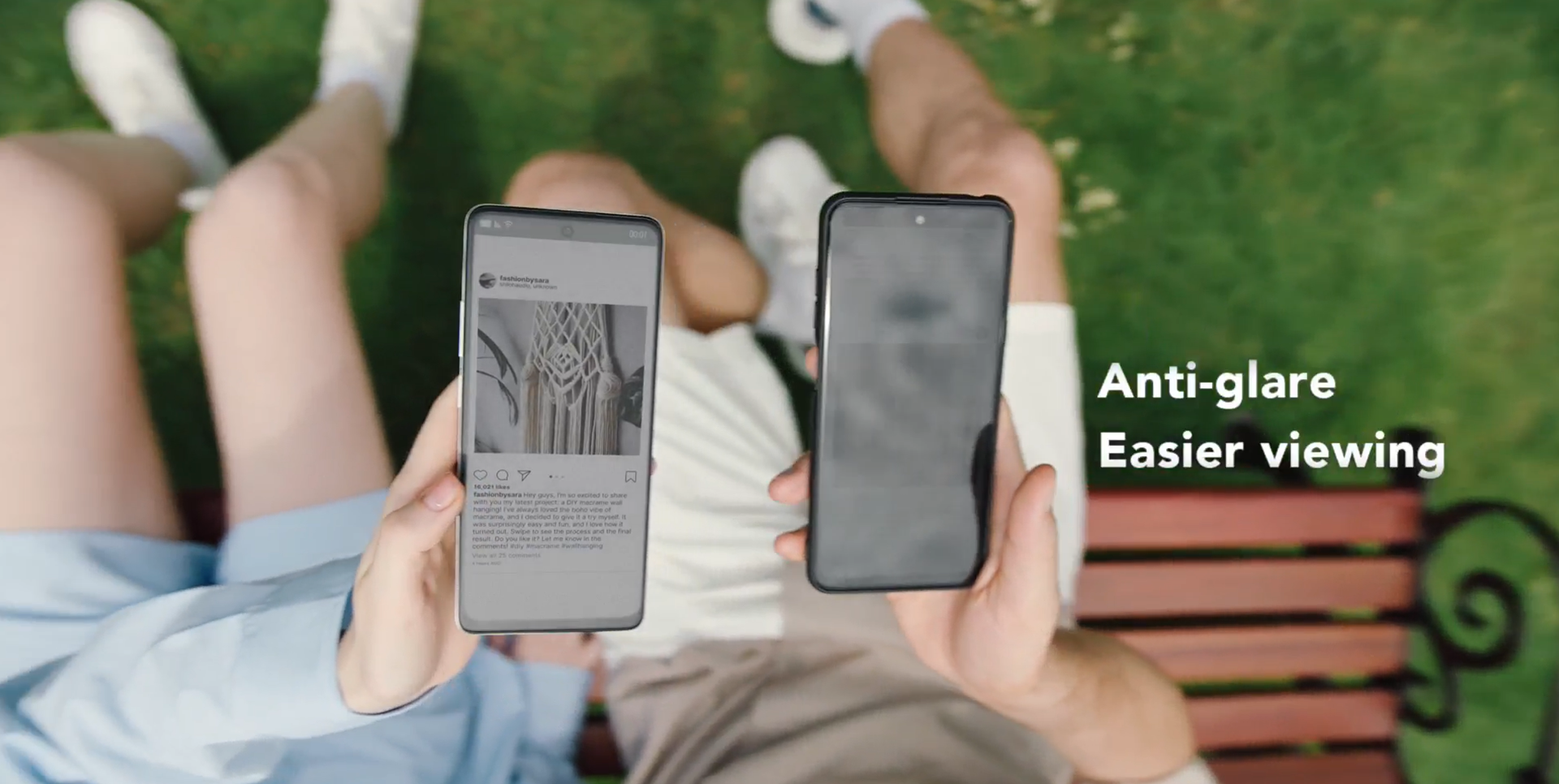 Two people holding phones; left screen clear (anti-glare), right screen reflective. Text: 'Anti-glare Easier viewing'.
