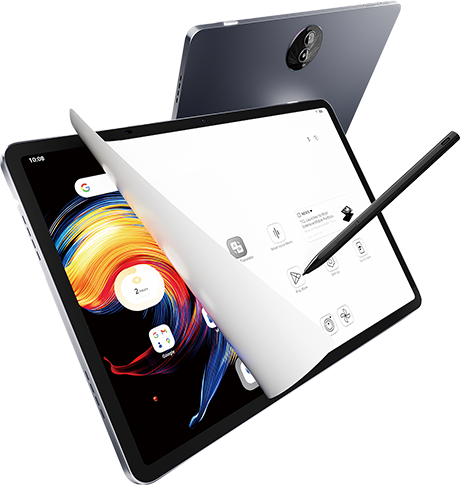 TCL tablets with peeling screen effect showing dual interfaces and stylus interaction