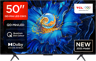TCL 50-inch QD-Mini LED C6KS TV with Quantum Dot Colour, Dolby Vision Atmos, and 2025 New Model label