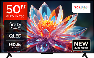 TCL 50-inch QLED 4K T6C TV with Fire TV, Dolby Atmos, and 2025 New Model label