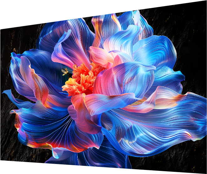 Vibrant abstract flower with blue and pink translucent petals on a dark textured background