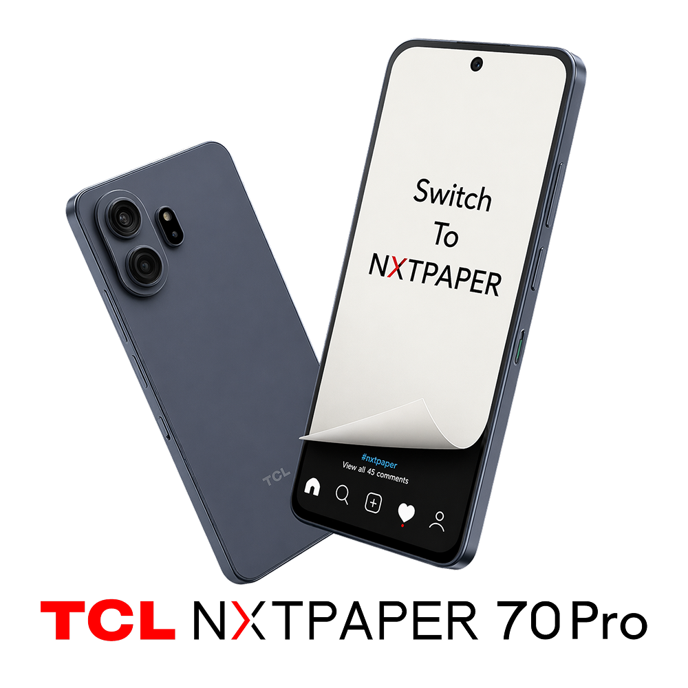 TCL tablets with peeling screen effect showing dual interfaces and stylus interaction